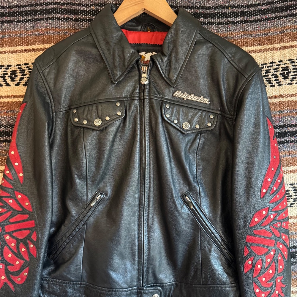Harley Davidson Leather Jacket Large Black Red Wing Studded Biker Santa Cruz